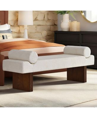 60" Chenille Bedroom Bench, End of Bed Upholstered Bench with Bolsters