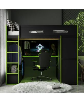 Wood Loft Bed w/Desk, Wardrobe, Storage, RGB Light