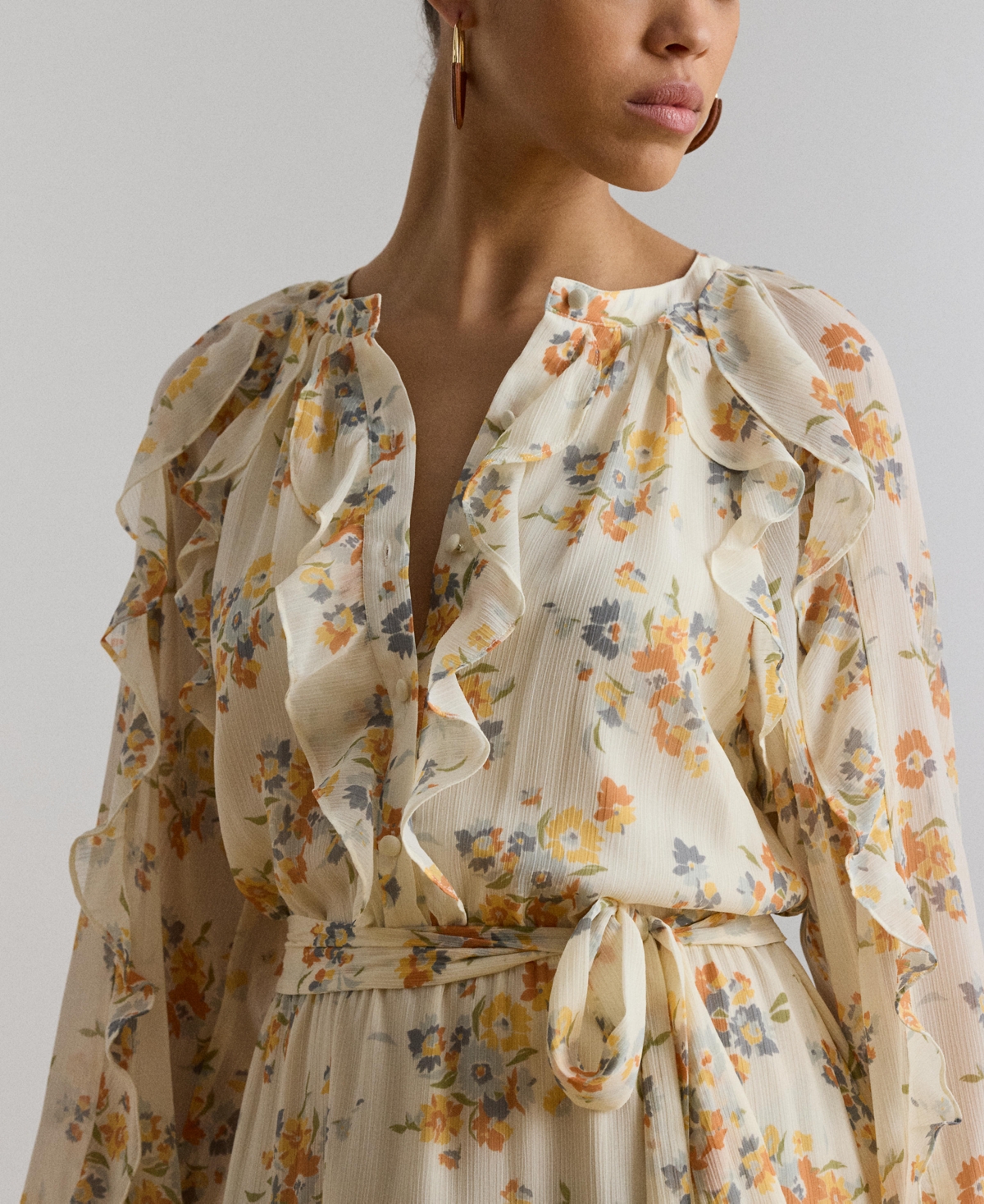 Lauren Ralph Women's Band Collar Floral Ruffle-Trim Tiered Dress