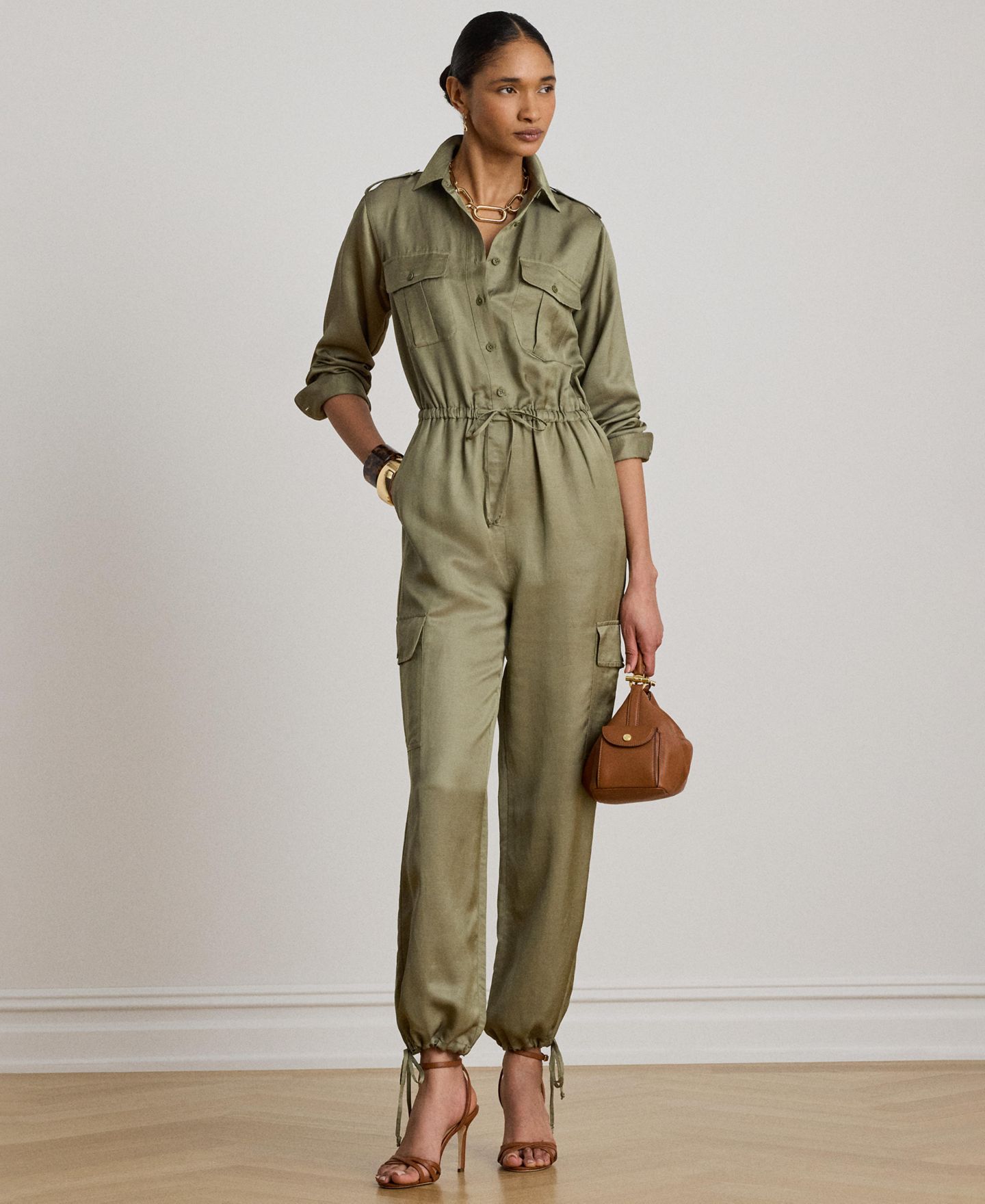 Женский комбинезон Lauren Ralph Lauren Spread Collar Shantung Cargo Jumpsuit, цвет: Light Agave — фото 1