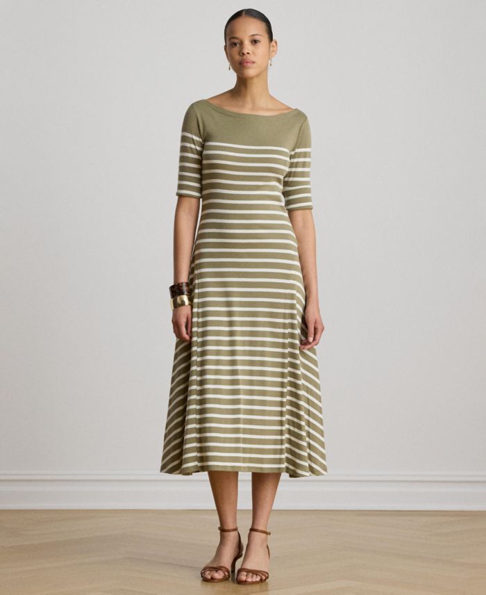 Lauren Ralph Lauren Women's Boat Neck Breton-Stripe Ribbed Midi Dress
