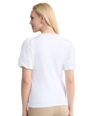 Women's Eyelet Puff-Sleeve Crewneck Top