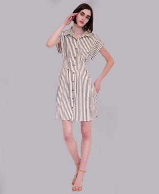 Women's Stripe Collared Neck Mini Shirt-Dress