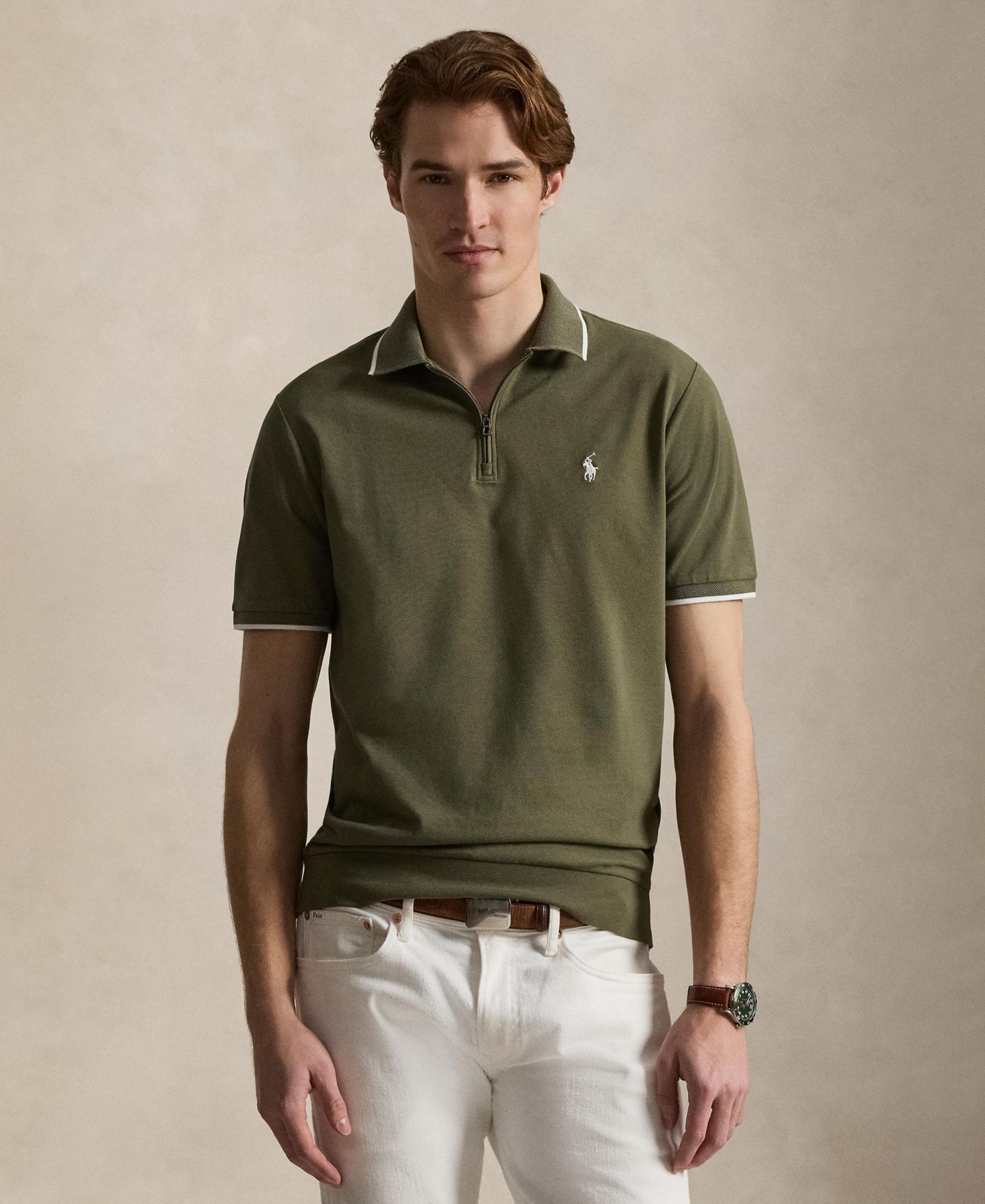 Мужское поло Polo Ralph Lauren Classic-Fit Stretch Mesh Zip Polo Shirt, цвет: Оливковый — фото 1