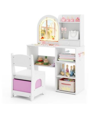 Girls Makeup Vanity Desk Set with Chair and 3-Color LED Mirror