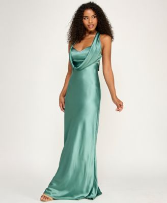 Juniors' Satin Cowl-Neck Halter Gown