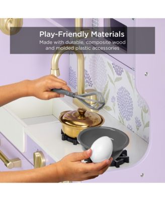 Pretend Play Kitchen Wooden Toy Set for Kids w/ Telephone, Utensils, Oven, Microwave