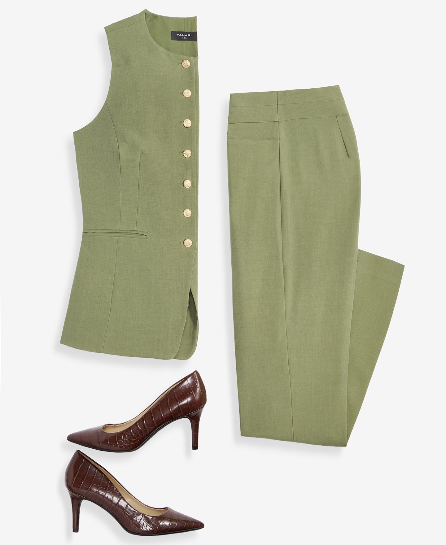 Женские комплекты Tahari ASL Crewneck Vest & Flare Pants, цвет: Agave — фото 4