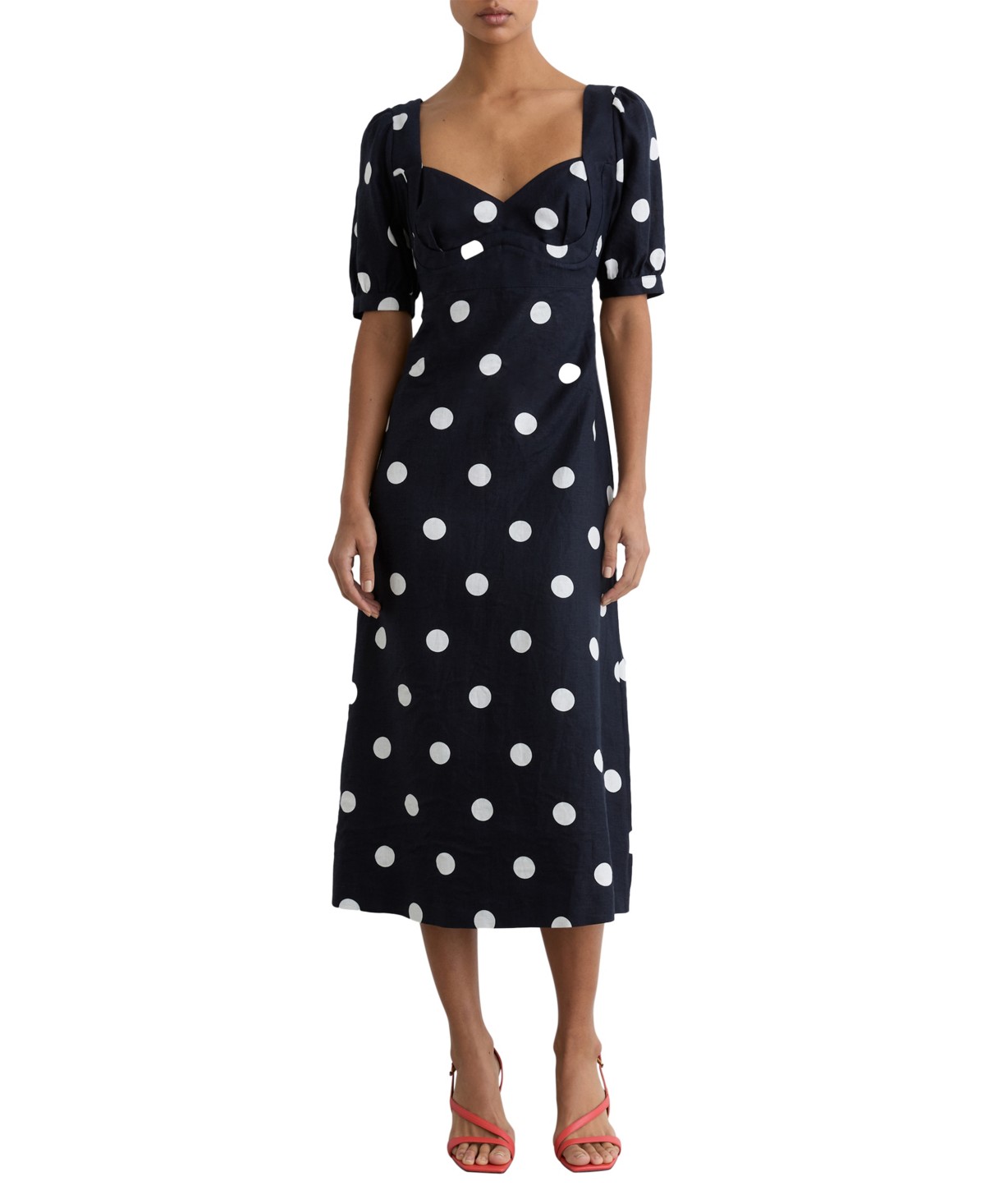Женские платья REISS Women's Astrid Linen Puff-Sleeve Polka-Dot Midi Dress — фото 1