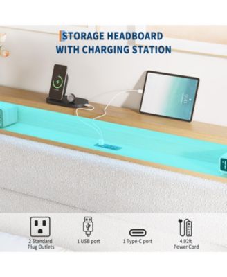 Bed Frame with  LED Headboard Shelf, Linen Upholstered Platform Bed Frame Full Size with  Strong Wood Slats Support, Easy Assembly