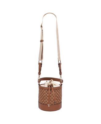 Raffia and Woven Drawstring Bucket Bag - Convertible Top Handle and Crossbody