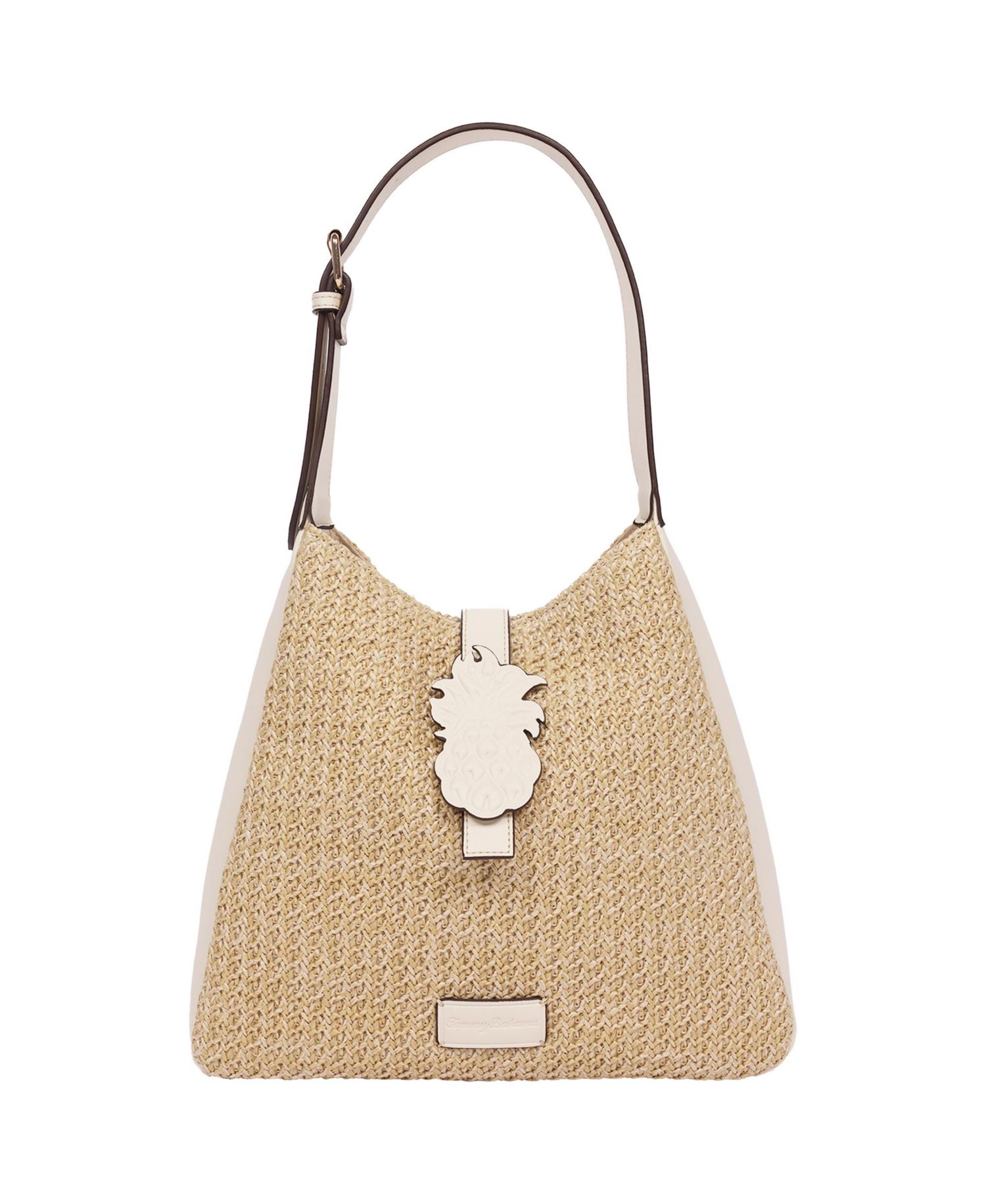 Logo Tab Raffia Hobo Bag - Woven Straw Shoulder Bag with Pineapple Accent