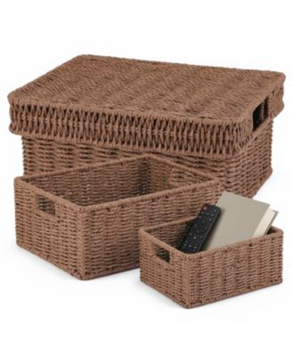 Wicker Storage Baskets With Lids 3-Piece Set Premium Plastic Rattan Handcrafted Organizing Bins for Home Decor