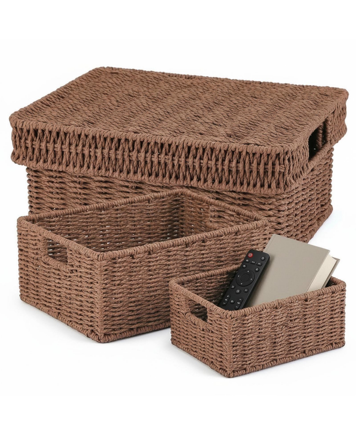 Yigii Wicker Storage Baskets With Lids 3-Piece Set Premium Plastic Rattan Handcrafted Organizing Bins for Home Decor
