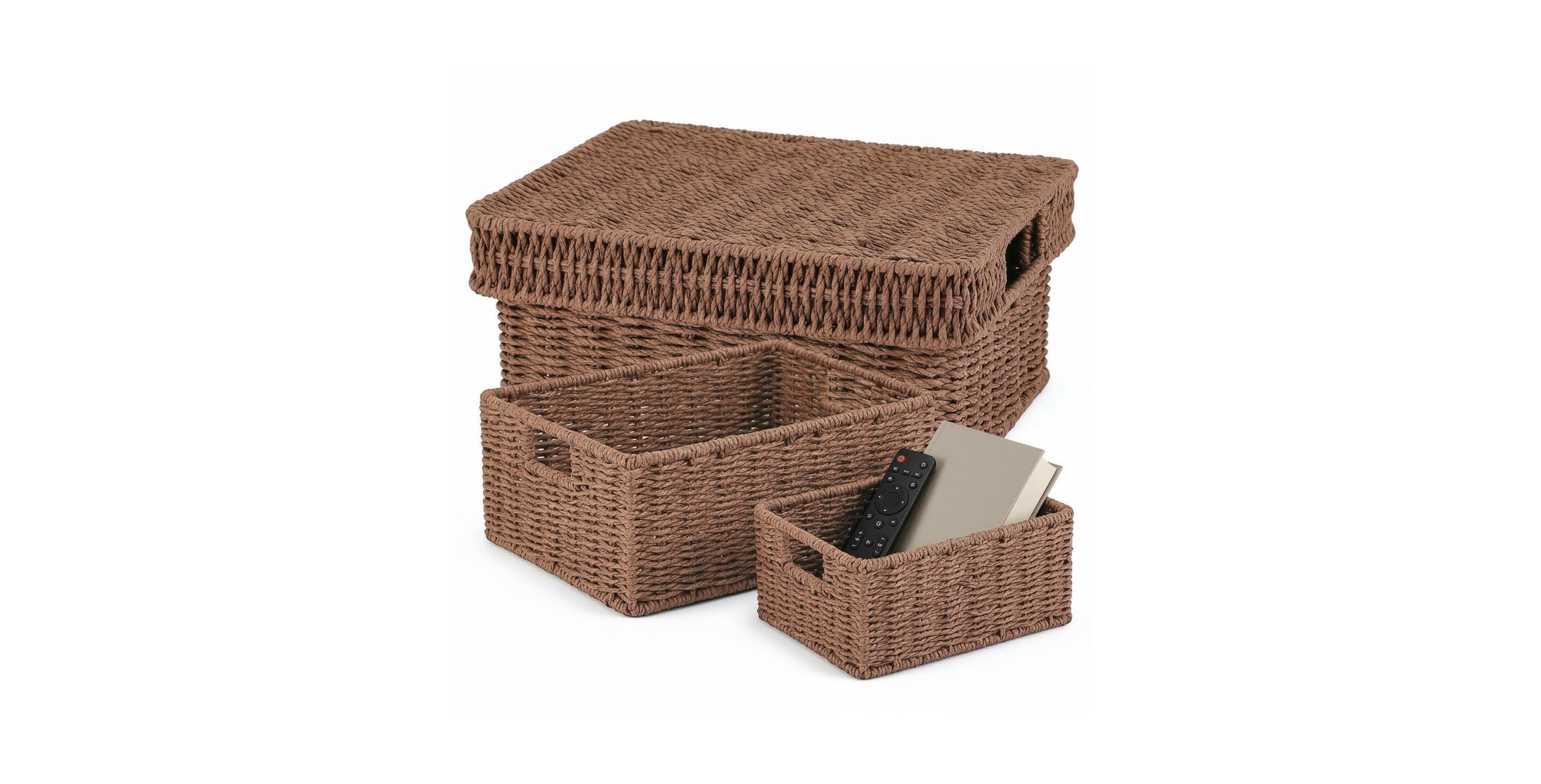 Yigii Wicker Storage Baskets With Lids 3-Piece Set Premium Plastic Rattan Handcrafted Organizing Bins for Home Decor