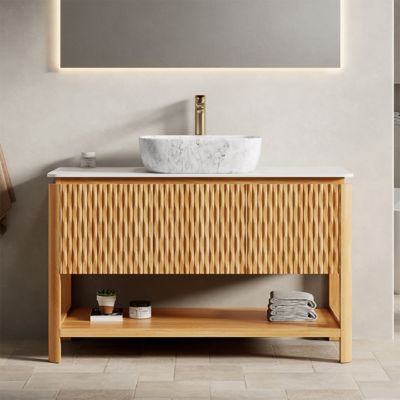 Modern Bathroom Vanity with Fluted Solid Wood Doors, Carrara Sintered Stone Top, Vessel Sink