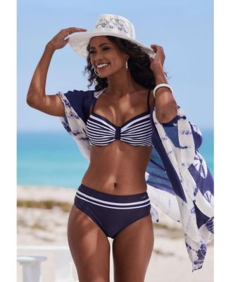 Women's Striped Insert Mid Rise Bikini Swimsuit Bottom
