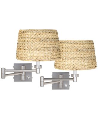 Modern Swing Arm Wall Lamps Set of 2 Brushed Nickel Plug-In Light Fixture Woven Seagrass Shade Bedroom Bedside