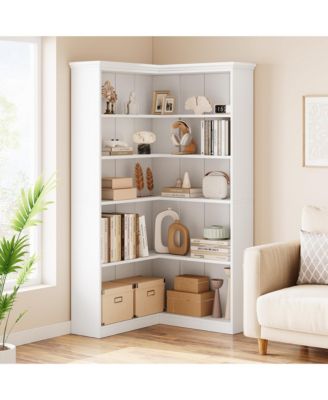 72.8" Tall 5-Tier L-Shaped Wooden Corner Bookshelf with Open Storage