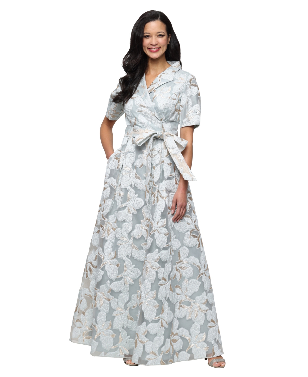 Alex Evenings Petite Short-Sleeve V-Neck Ball Gown - Ice Blue