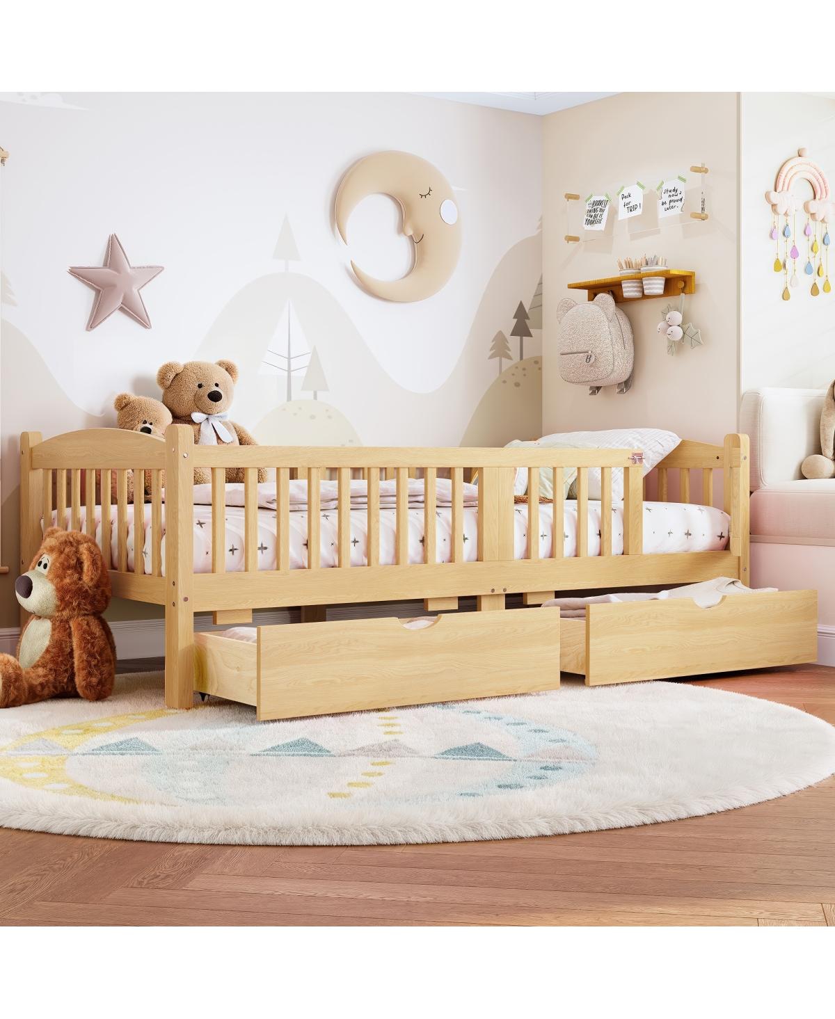 Streamdale Furniture Cute Kids Platform Bed With Storage and Rails - Natural