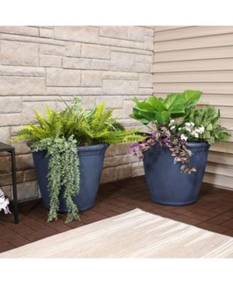 Anjelica 24" Outdoor Double-Walled Polyresin Planter with UV-Resistant Slate Finish - Set of 2