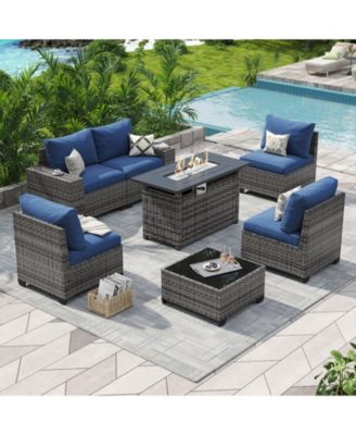 7-Piece Wicker Outdoor Sectional Sofa Set with Cushions with Propane Fire Pit Table