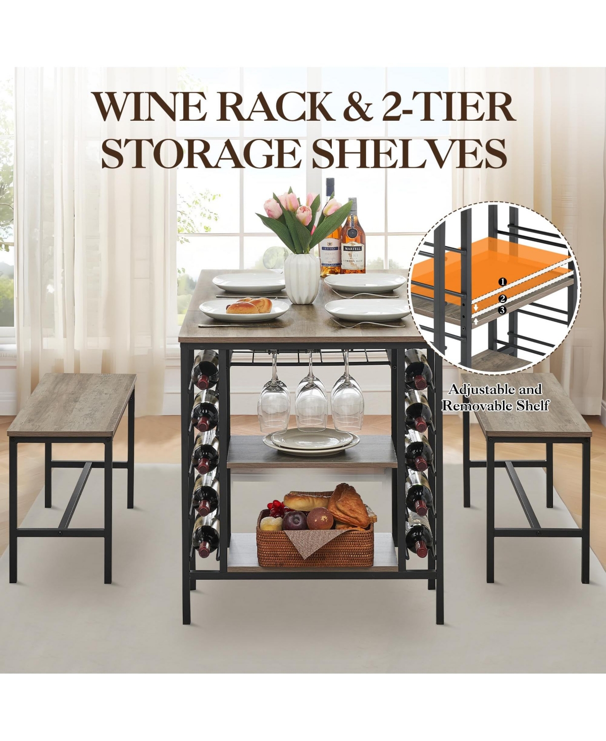 gaomon 3-Piece 4-Person Dining Set with Wine Rack and Storage