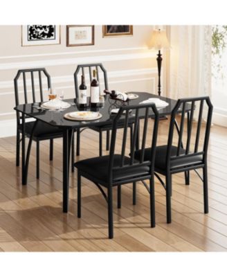 Dining Table Set for 4 with Glass Desktop, Kitchen Table and 4 Chairs with Chamfer Design, 5 Piece Dining Room Table Set with Cushion Seats