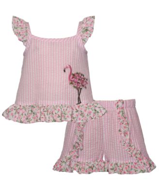 Girls' Flamingo Seersucker Flutter Sleeve Top and Shorts, 2-Piece Set