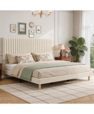 Velvet Bed Frame, Vertical Channel Tufted Headboard, Height Adjustable, Upholstered Platform Bed