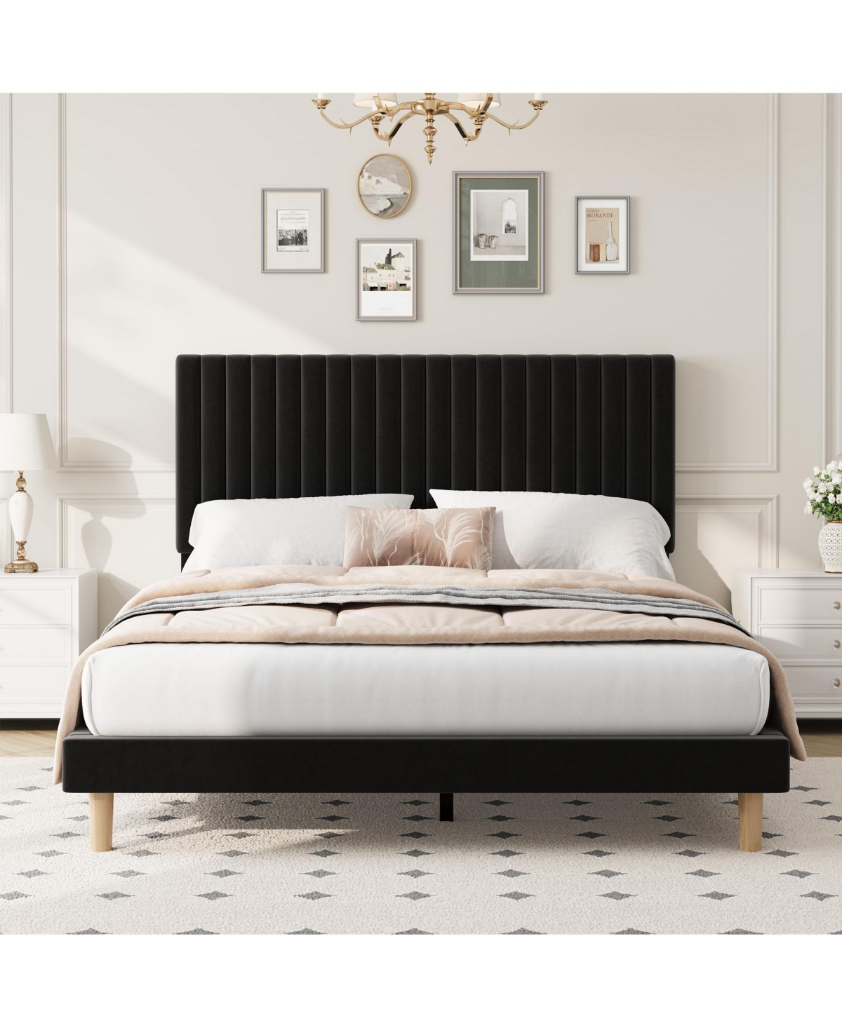Homfan Velvet Bed Frame, Vertical Channel Tufted Headboard, Height Adjustable