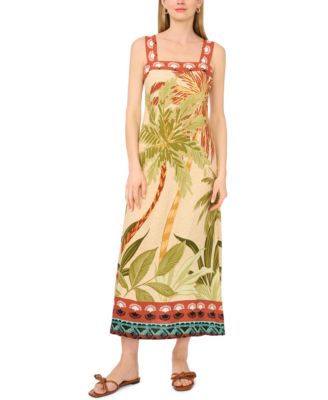 Women's Tropical-Print Square-Neck Smocked-Back Sleeveless Maxi Dress