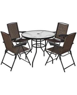 5PCS Bistro Patio Furniture Set 4 Folding Adjustable Chairs Glass Table W/Hole