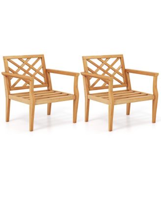 2PCS Patio Dinning Chair w/ Cozy Backrest and Armrests Slatted Seat and Solid Legs