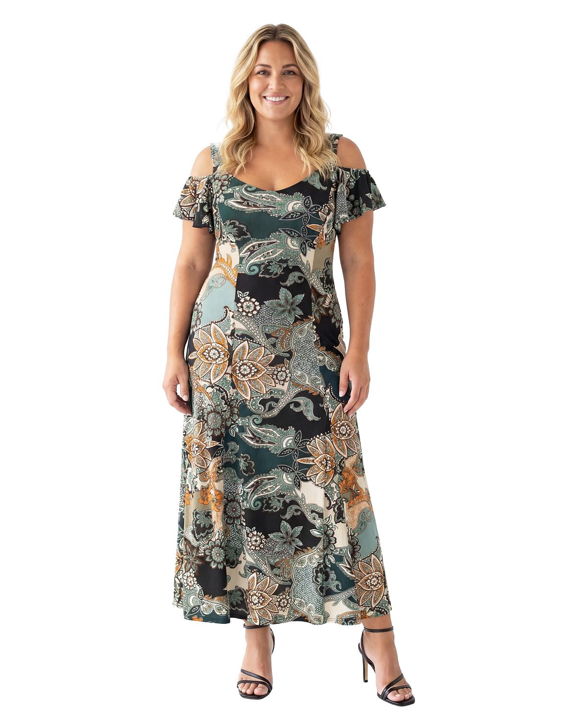 24seven Comfort Apparel Plus Size Elevate Curvy Paisley Print Maxi Dress view 1 — MAYCSS fashion products