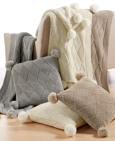 Martha Stewart Collection Basketweave Pom Pom Throw and Decorative Pillow Collection, Only at Macy's