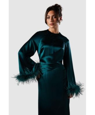 Women's Feather Trim Satin Maxi Dress