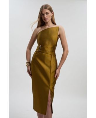 Women's Satin Twill Asymmetric Neck Midi Dress