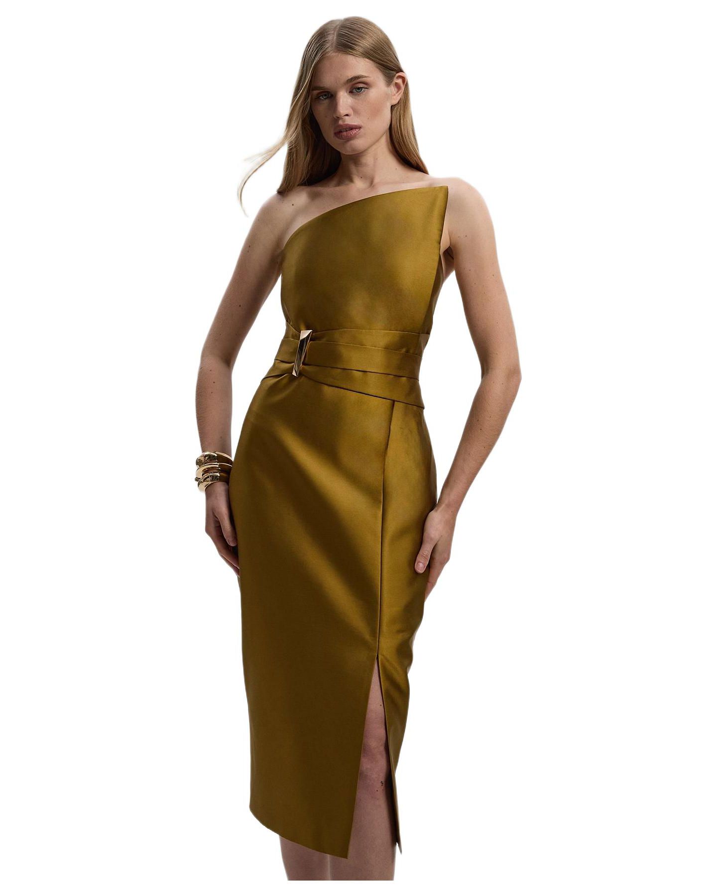 Женское платье Karen Millen Satin Twill Asymmetric Neck Midi, цвет: Золотой — фото 1