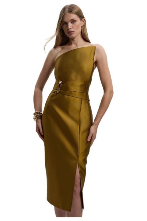 Женское платье Karen Millen Satin Twill Asymmetric Neck Midi, цвет: Золотой