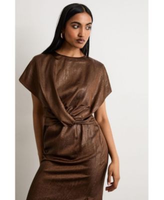 Women's Leather Look Twist Front Midi Dress