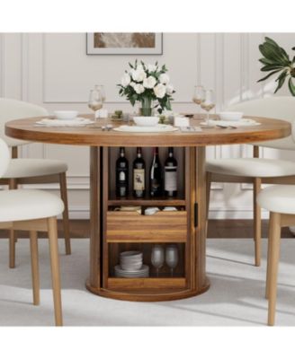 47 Inch Round Dining Table for 4-6, Kitchen Table with 2-Layer Storage Shelf and a Drawer, Farmhouse Circle Dinner Table