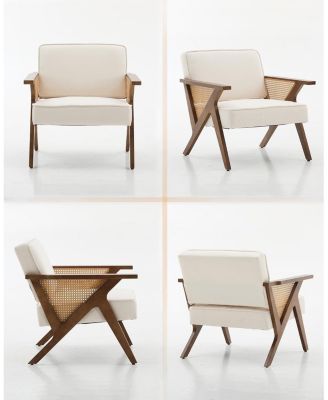 Mid-Century Modern Accent Chair,Linen Upholstered Vintage Rattan Vanity Chair Cute Reading Arm Chair Wood Frame for Lounge,Living Room,Bedroom.