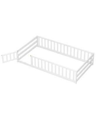 Twin Size Kids Montessori Floor Bed with Lockable Door and Fence Guardrails