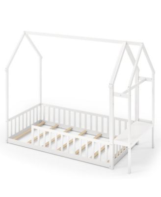 Twin Size Montessori House Floor Bed with Clothes Hanger and Storage Shelf