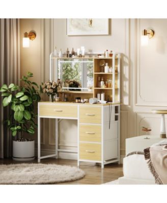  Vanity Desk with Mirror,  Makeup Vanity Table with Shelves, 4 Fabric Drawers Storage, Modern Dressing Table for Bedroom, Gift for Women