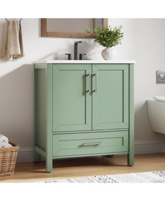 Bathroom Vanity with Ceramic Sink, Bathroom Storage Cabinet with Drawer and 2 Soft Closing Doors, Single Sink Bathroom Vanity with Integral Top