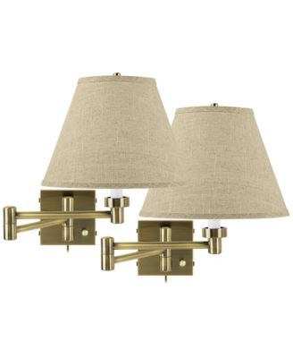 Modern Swing Arm Wall Lamps Set of 2 Antique Brass Plug-In Light Fixture Fine Burlap Empire for Bedroom Living Room