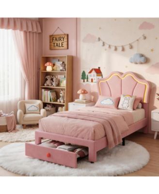 Bed Frame with Storage Drawer, Velvet Upholstered Platform Bed Frame with Headboard and LED Light